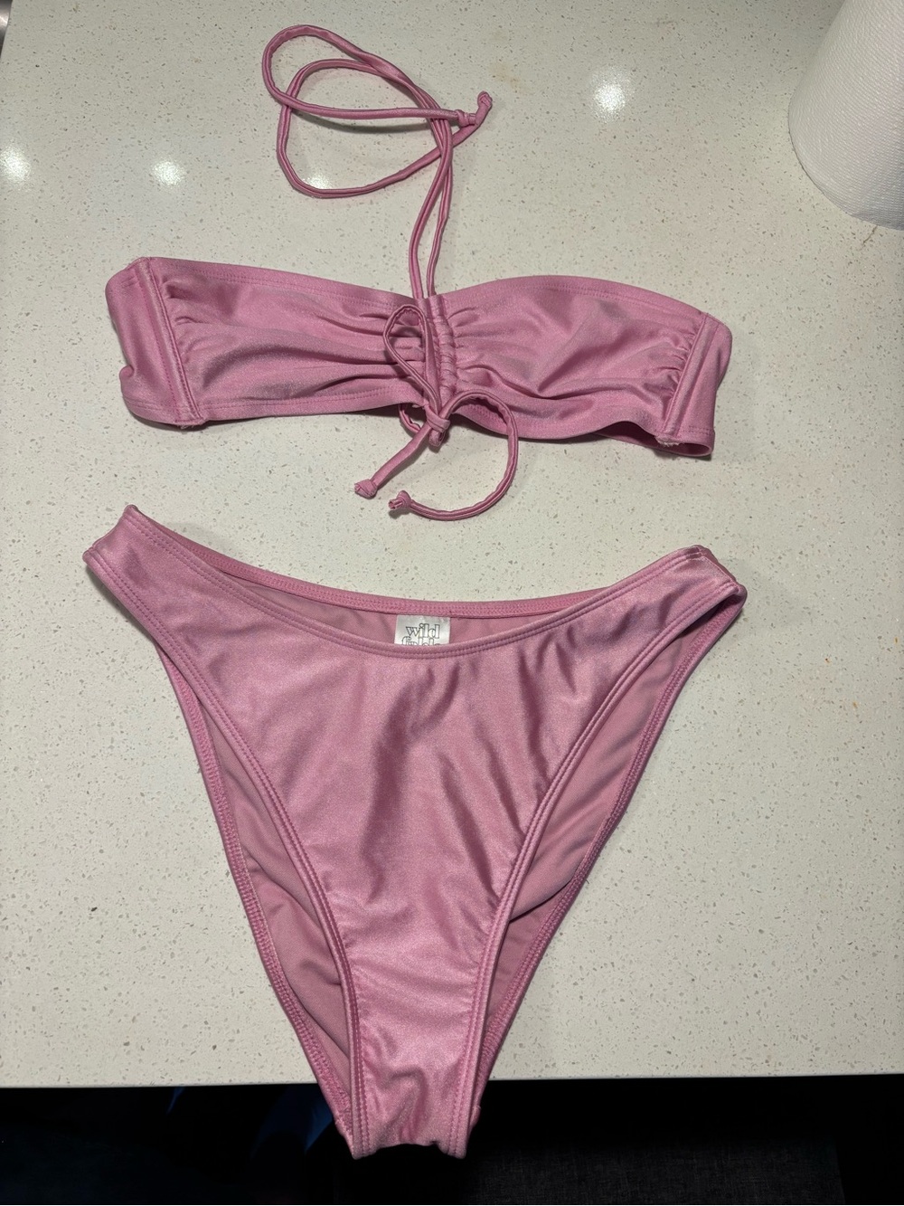 Metallic Baby Pink Bandeau High Waisted Bikini Set